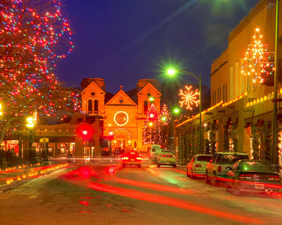 Santa Fe Plaza decorated with Christmas lights